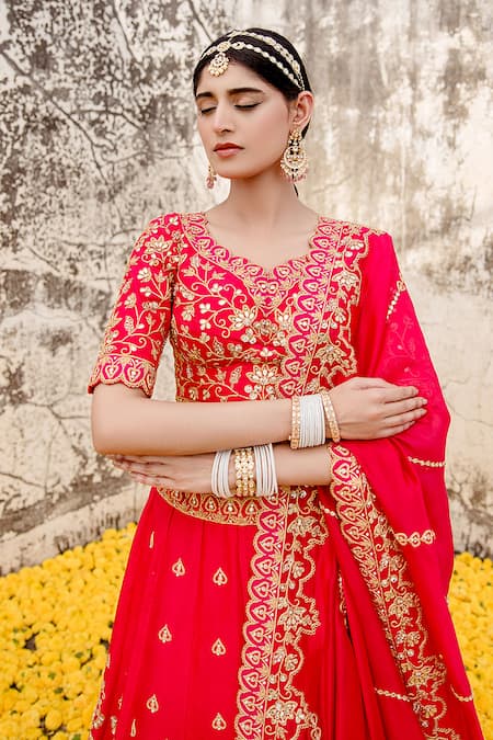 Shop_Surbhi Shah_Red Silk, Organza Embroidery, Tassels V-neck Marodi Bridal Lehenga Set _Online_at_Aza_Fashions