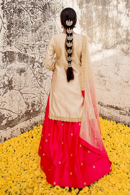 Surbhi Shah_Off White Silk, Organza Embroidery, Cut Work, Gota Patch Kurta Lehenga Set _Online_at_Aza_Fashions