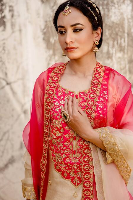 Shop_Surbhi Shah_Off White Silk, Organza Embroidery, Cut Work, Gota Patch Kurta Lehenga Set _Online_at_Aza_Fashions