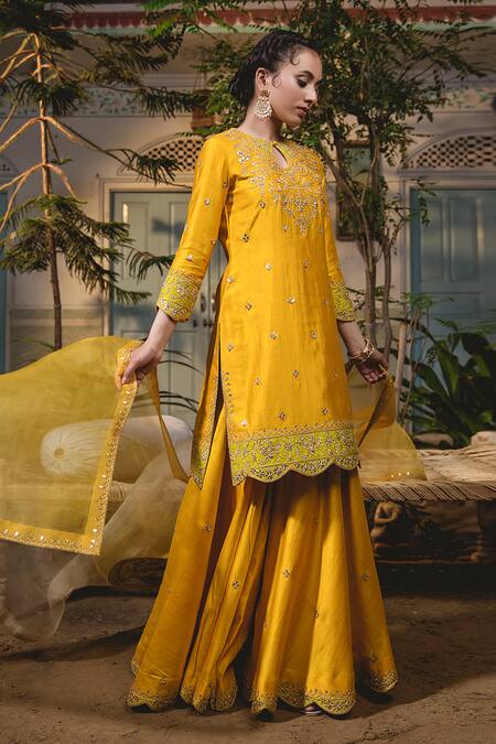 Surbhi Shah Yellow Marodi Embroidered Silk Kurta Sharara Set Online at Aza Fashions Surbhi Shah_Yellow Marodi Embroidered Silk Kurta Sharara Set _Online_at_Aza_Fashions