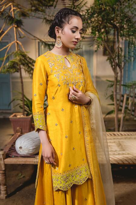 Buy Surbhi Shah Yellow Marodi Embroidered Silk Kurta Sharara Set Online at Aza Fashions Buy_Surbhi Shah_Yellow Marodi Embroidered Silk Kurta Sharara Set _Online_at_Aza_Fashions
