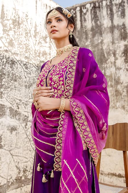Surbhi Shah_Purple Silk Marodi Embroidered Kurta Pant Set _Online_at_Aza_Fashions