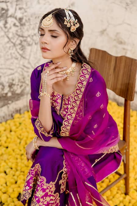 Shop_Surbhi Shah_Purple Silk Marodi Embroidered Kurta Pant Set _Online_at_Aza_Fashions