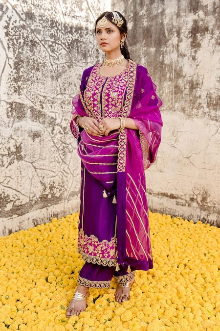 Surbhi Shah_Purple Silk Marodi Embroidered Kurta Pant Set _at_Aza_Fashions