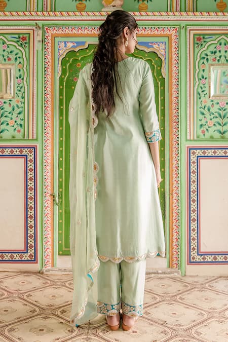 Surbhi Shah Blue Silk Zardozi Embroidered Kurta Pant Set Online at Aza Fashions Surbhi Shah_Blue Silk Zardozi Embroidered Kurta Pant Set _Online_at_Aza_Fashions