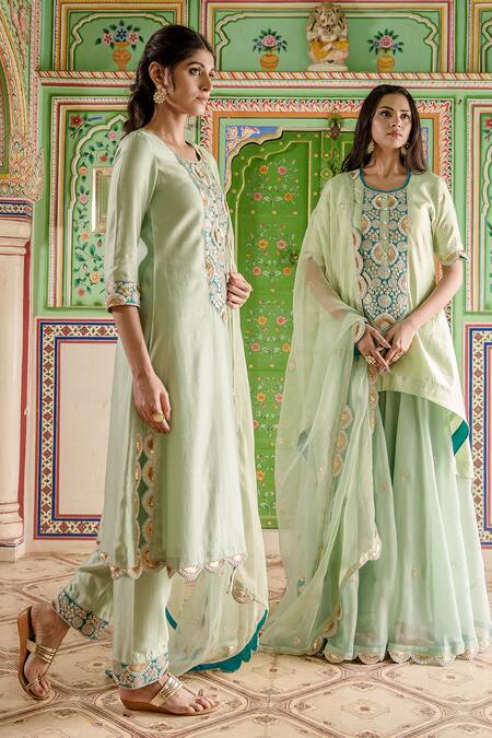 Buy Surbhi Shah Blue Silk Zardozi Embroidered Kurta Pant Set Online at Aza Fashions Buy_Surbhi Shah_Blue Silk Zardozi Embroidered Kurta Pant Set _Online_at_Aza_Fashions