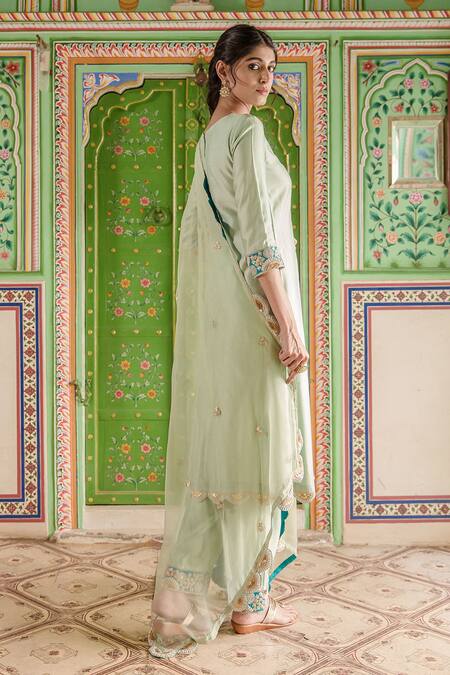 Surbhi Shah Blue Silk Zardozi Embroidered Kurta Pant Set at Aza Fashions Surbhi Shah_Blue Silk Zardozi Embroidered Kurta Pant Set _at_Aza_Fashions