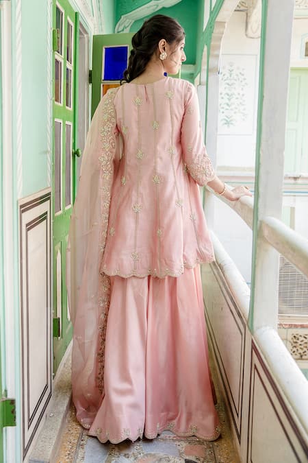 Shop Surbhi Shah Pink Zardozi Embroidered Silk Anarkali Gharara Set at Aza Fashions Shop_Surbhi Shah_Pink Zardozi Embroidered Silk Anarkali Gharara Set _at_Aza_Fashions