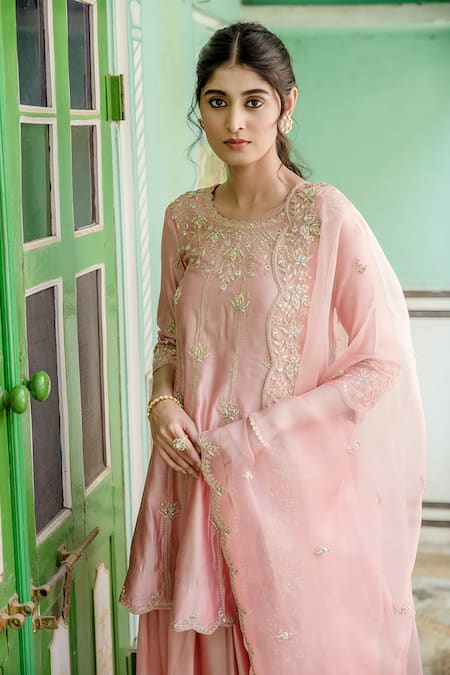 Buy Surbhi Shah Pink Zardozi Embroidered Silk Anarkali Gharara Set Online at Aza Fashions Buy_Surbhi Shah_Pink Zardozi Embroidered Silk Anarkali Gharara Set _Online_at_Aza_Fashions