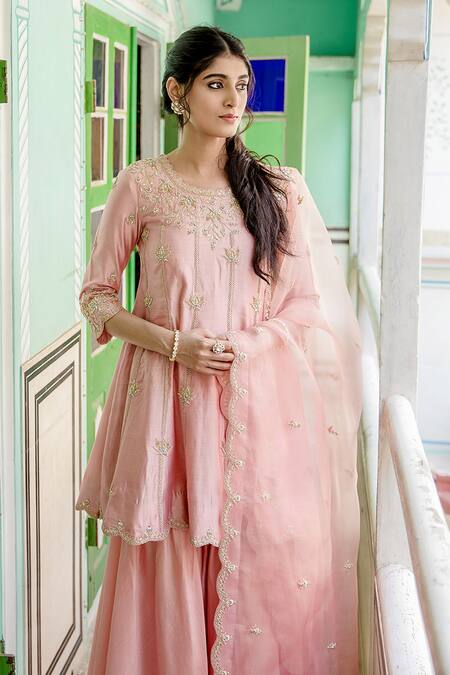 Shop Surbhi Shah Pink Zardozi Embroidered Silk Anarkali Gharara Set Online at Aza Fashions Shop_Surbhi Shah_Pink Zardozi Embroidered Silk Anarkali Gharara Set _Online_at_Aza_Fashions