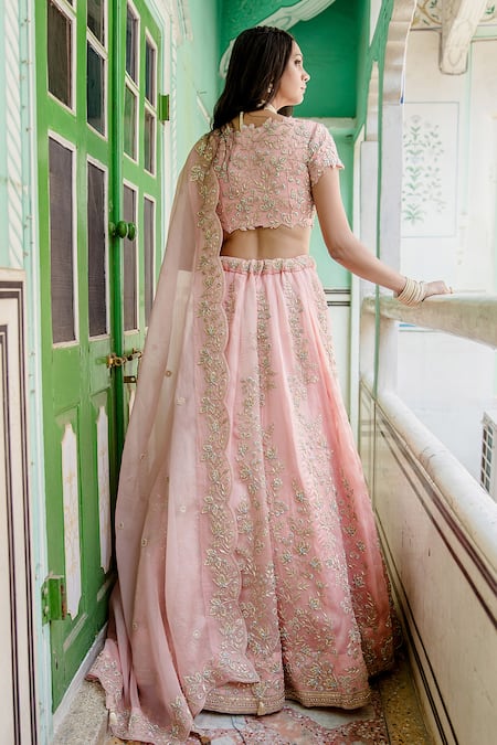 Surbhi Shah_Pink Pure Satin Organza Hand Embroidered Zardozi Floral Bridal Lehenga Set _Online_at_Aza_Fashions