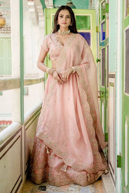 Shop_Surbhi Shah_Pink Pure Satin Organza Hand Embroidered Zardozi Floral Bridal Lehenga Set _Online_at_Aza_Fashions
