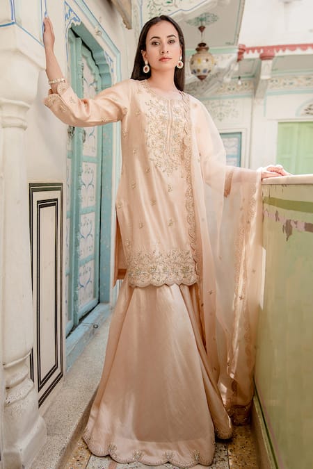 Surbhi Shah Beige Zardozi Embroidered Silk Kurta Sharara Set 