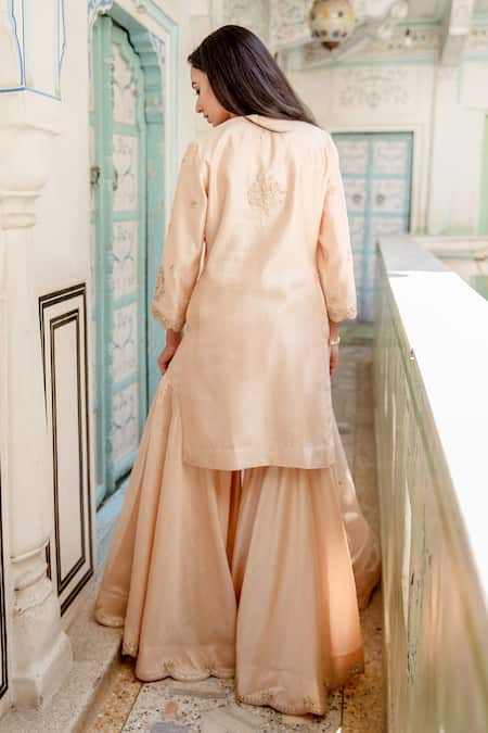 Shop Surbhi Shah Beige Pure Spun Silk Hand Embroidered Zardozi Work Round Neck Kurta Sharara Set at Aza Fashions Shop_Surbhi Shah_Beige Pure Spun Silk Hand Embroidered Zardozi Work Round Neck Kurta Sharara Set _at_Aza_Fashions