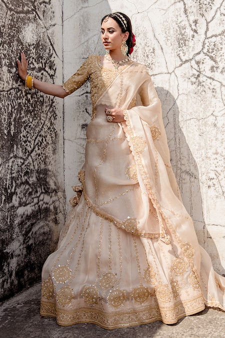 Buy_Surbhi Shah_Beige Pure Satin Organza Embroidered Thread Blossom Bridal Lehenga Set 