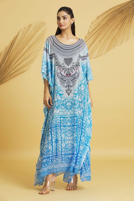 Samyukta Singhania Multi Color Georgette Round Neck Abstract Swirl Print Kaftan Online at Aza Fashions Samyukta Singhania_Multi Color Georgette Round Neck Abstract Swirl Print Kaftan_Online_at_Aza_Fashions