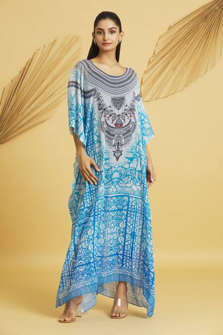 Buy Samyukta Singhania Multi Color Georgette Round Neck Abstract Swirl Print Kaftan Online at Aza Fashions Buy_Samyukta Singhania_Multi Color Georgette Round Neck Abstract Swirl Print Kaftan_Online_at_Aza_Fashions