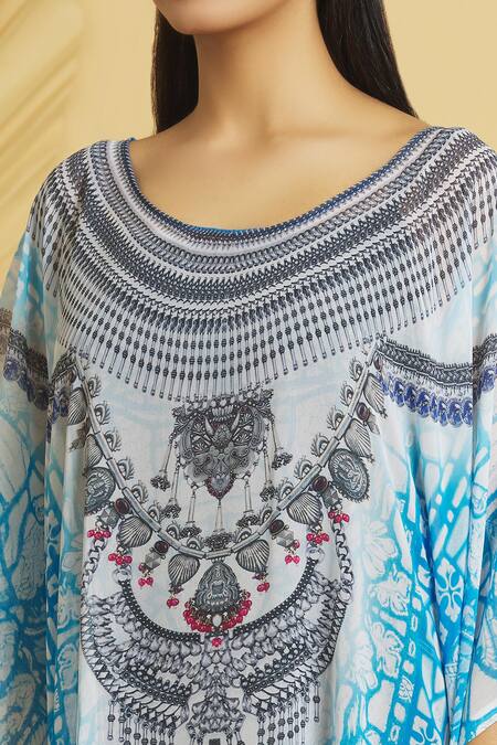 Shop Samyukta Singhania Multi Color Georgette Round Neck Abstract Swirl Print Kaftan Online at Aza Fashions Shop_Samyukta Singhania_Multi Color Georgette Round Neck Abstract Swirl Print Kaftan_Online_at_Aza_Fashions