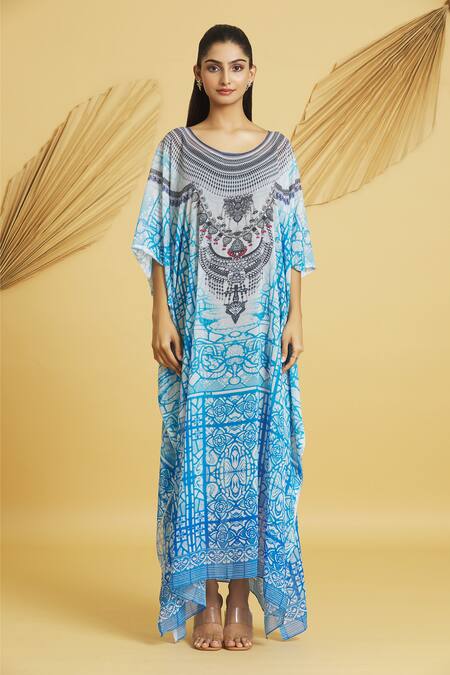 Samyukta Singhania Multi Color Georgette Round Neck Abstract Swirl Print Kaftan at Aza Fashions Samyukta Singhania_Multi Color Georgette Round Neck Abstract Swirl Print Kaftan_at_Aza_Fashions