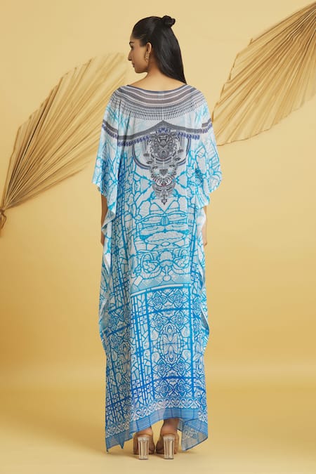 Shop Samyukta Singhania Multi Color Georgette Round Neck Abstract Swirl Print Kaftan at Aza Fashions Shop_Samyukta Singhania_Multi Color Georgette Round Neck Abstract Swirl Print Kaftan_at_Aza_Fashions