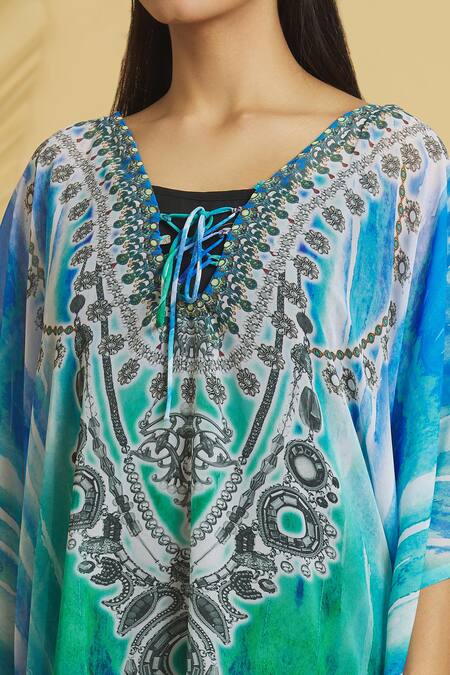 Samyukta Singhania Multi Color Georgette Plunge Neck Digital Printed Kaftan at Aza Fashions Samyukta Singhania_Multi Color Georgette Plunge Neck Digital Printed Kaftan_at_Aza_Fashions