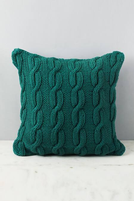 Shop_Elm & Oak_Blue Front Hand Knitted And Back Duck Cable Square Cushion_at_Aza_Fashions