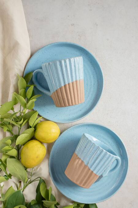 The Table Fable_Blue Material Stoneware, Base Material Dual Toned Set Of 4 Cup With Plates_Online_at_Aza_Fashions