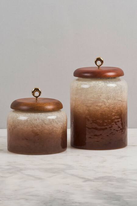 Shop Elm & Oak Red Glass Dual Toned Canisters Set Of 2 at Aza Fashions Shop_Elm & Oak_Red Glass Dual Toned Canisters Set Of 2_at_Aza_Fashions