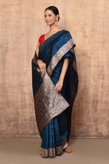 Buy_Naaritva India_Blue Kota Doria Zari Floral Pattern Banarasi Saree With Running Blouse _Online_at_Aza_Fashions