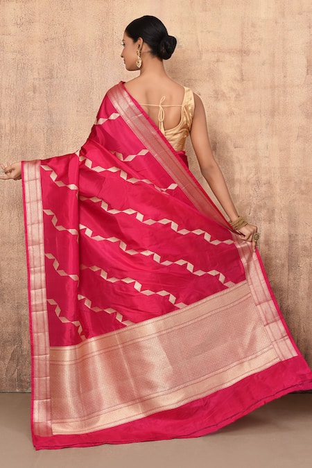 Shop_Naaritva India_Pink Kota Doria Zari Striped Handwoven Banarasi Saree With Running Blouse _at_Aza_Fashions