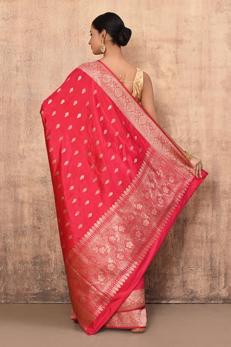 Shop_Naaritva India_Pink Kota Doria Zari Vintage Pattern Banarasi Saree With Running Blouse _at_Aza_Fashions
