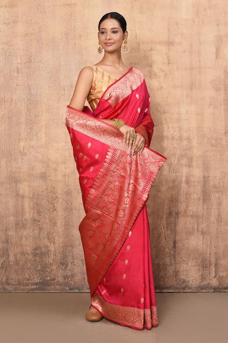 Buy_Naaritva India_Pink Kota Doria Zari Vintage Pattern Banarasi Saree With Running Blouse _Online_at_Aza_Fashions