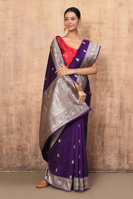 Buy_Naaritva India_Purple Kota Doria Zari Banarasi Handwoven Saree With Running Blouse _Online_at_Aza_Fashions