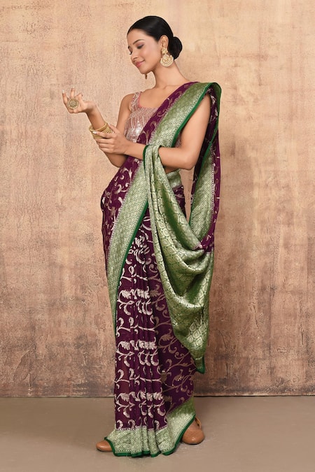 Buy_Naaritva India_Purple Handloom Cotton, Silk Zari Handwoven Banarasi Saree With Running Blouse _Online_at_Aza_Fashions