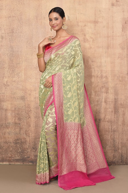 Naaritva India Green Handloom Cotton Silk Jaal Banarasi Saree With Running Blouse 