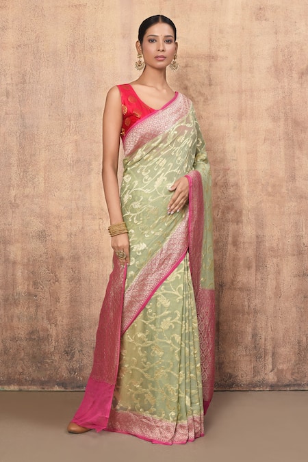 Buy_Naaritva India_Green Handloom Cotton, Silk Zari Jaal Pattern Banarasi Saree With Running Blouse _Online_at_Aza_Fashions