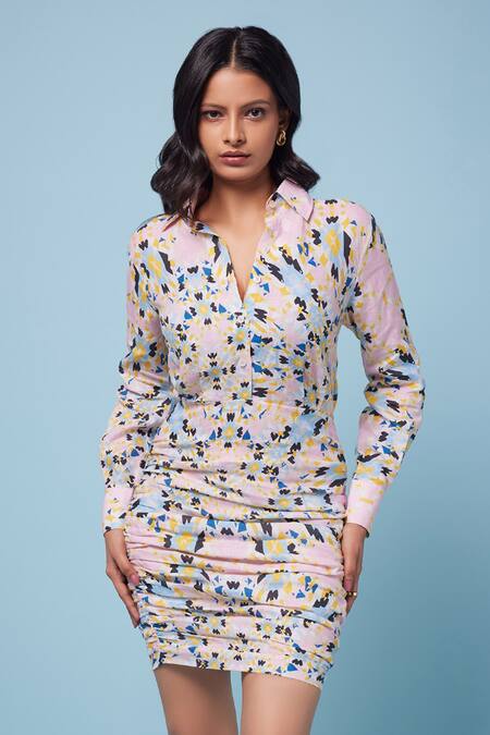 Senren By Eshana Raut Pink Linen Collared Abstract Geometric Print Shirt Dress Online at Aza Fashions Senren By Eshana Raut_Pink Linen Collared Abstract Geometric Print Shirt Dress _Online_at_Aza_Fashions