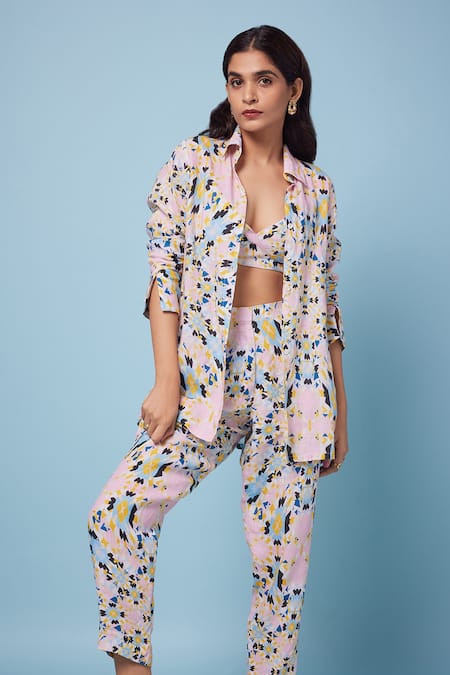 Senren By Eshana Raut_Pink Linen Embroidery Collared, Sweetheart Neck Abstract Print Shirt And Pant Set _Online_at_Aza_Fashions