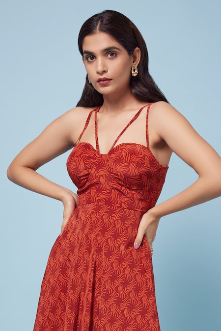 Senren By Eshana Raut Red Crepe Sweetheart Neck Swirl Print Skater Dress Online at Aza Fashions Senren By Eshana Raut_Red Crepe Sweetheart Neck Swirl Print Skater Dress _Online_at_Aza_Fashions