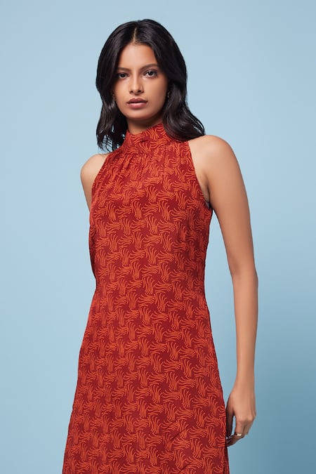Buy_Senren By Eshana Raut_Red Crepe Embroidery Halter Neck Swirl Print Tunic And Pant Set _Online_at_Aza_Fashions