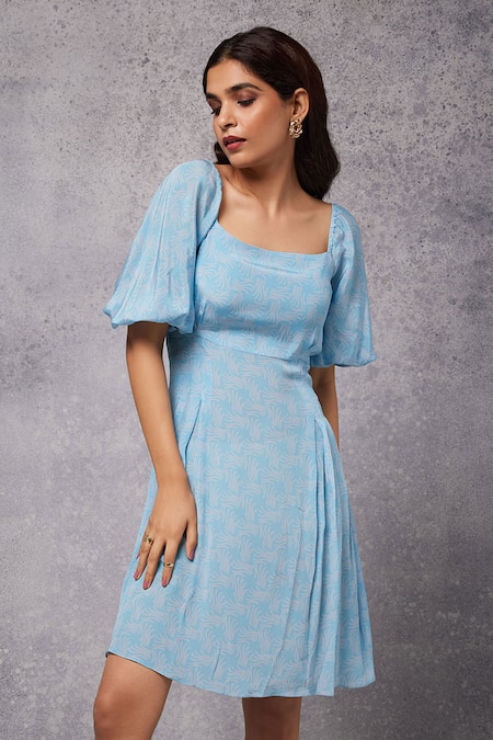 Senren By Eshana Raut Blue Crepe Square Neck Swirl Print Short Dress Online at Aza Fashions Senren By Eshana Raut_Blue Crepe Square Neck Swirl Print Short Dress _Online_at_Aza_Fashions