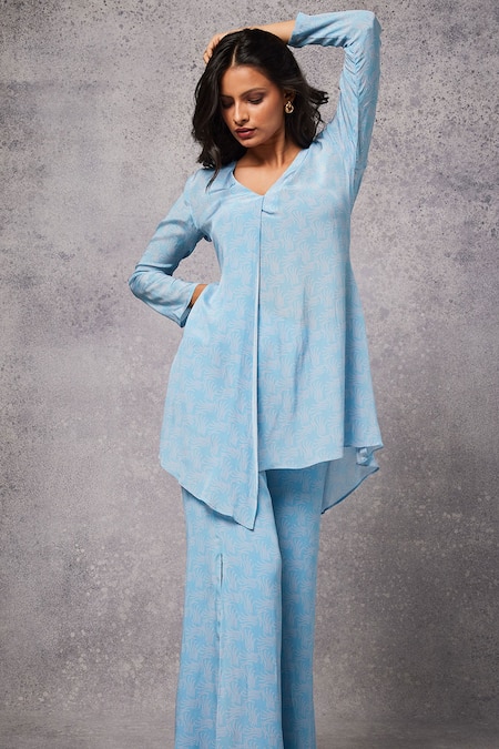 Buy_Senren By Eshana Raut_Blue Crepe V-neck Abstract Swirl Print Tunic And Pant Set _Online_at_Aza_Fashions