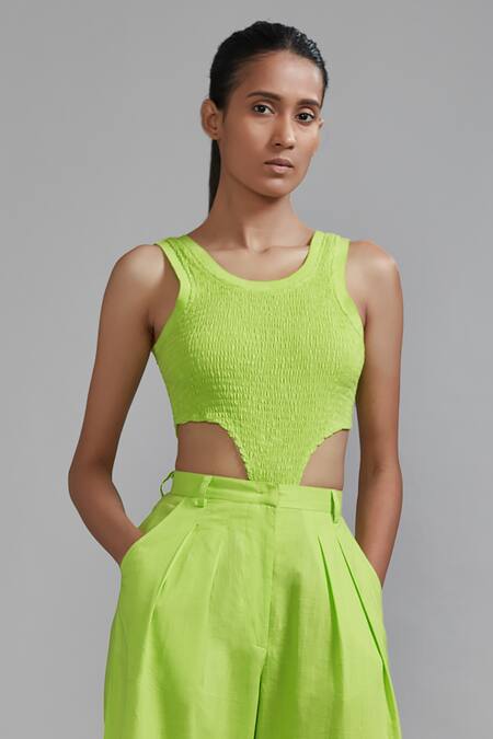 MATI_1_Green Cotton Round Neck Smocked Bodysuit And Trouser Set _Online_at_Aza_Fashions