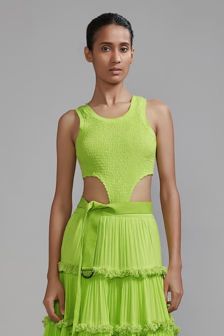 MATI_1 Green Cotton Round Neck Smocked Bodysuit And Fringed Lehenga Set Online at Aza Fashions MATI_1_Green Cotton Round Neck Smocked Bodysuit And Fringed Lehenga Set _Online_at_Aza_Fashions