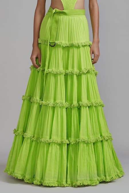 Buy MATI_1 Green Cotton Round Neck Smocked Bodysuit And Fringed Lehenga Set Online at Aza Fashions Buy_MATI_1_Green Cotton Round Neck Smocked Bodysuit And Fringed Lehenga Set _Online_at_Aza_Fashions