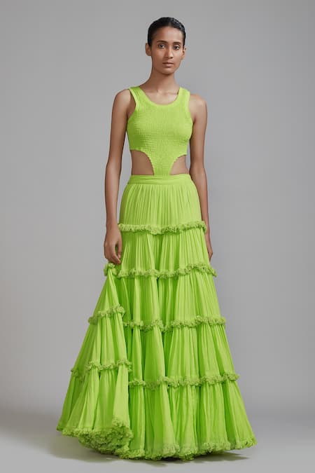 Shop MATI_1 Green Cotton Round Neck Smocked Bodysuit And Fringed Lehenga Set Online at Aza Fashions Shop_MATI_1_Green Cotton Round Neck Smocked Bodysuit And Fringed Lehenga Set _Online_at_Aza_Fashions