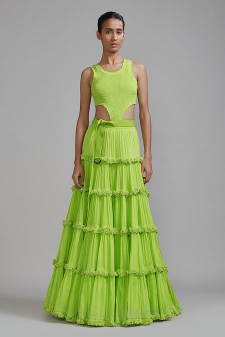 MATI_1 Green Cotton Round Neck Smocked Bodysuit And Fringed Lehenga Set at Aza Fashions MATI_1_Green Cotton Round Neck Smocked Bodysuit And Fringed Lehenga Set _at_Aza_Fashions