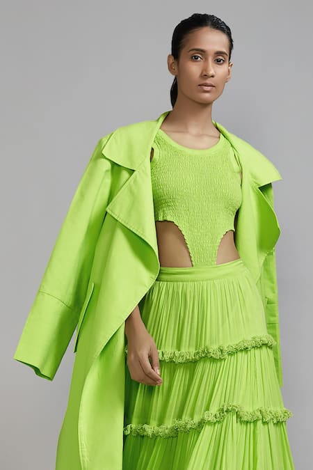 MATI_1 Green Cotton Open Neck Fringed Tiered Lehenga Set With Trench Jacket Online at Aza Fashions MATI_1_Green Cotton Open Neck Fringed Tiered Lehenga Set With Trench Jacket _Online_at_Aza_Fashions