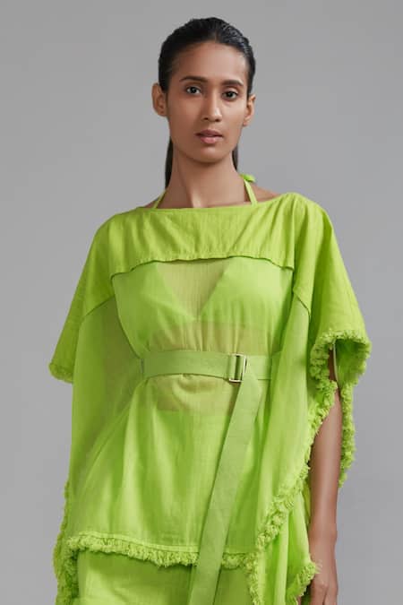 MATI_1_Green Cotton Fringe Boat Neck Kaftan Top _Online_at_Aza_Fashions