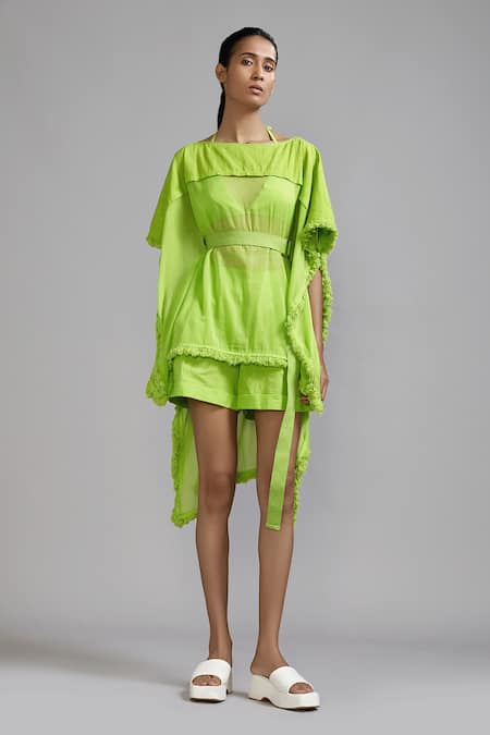 Buy_MATI_1_Green Cotton Fringe Boat Neck Kaftan Top _Online_at_Aza_Fashions